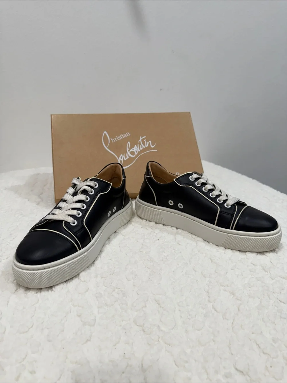 Women’s Christian Louboutin Black and White Low-Top Sneakers with Red Sole